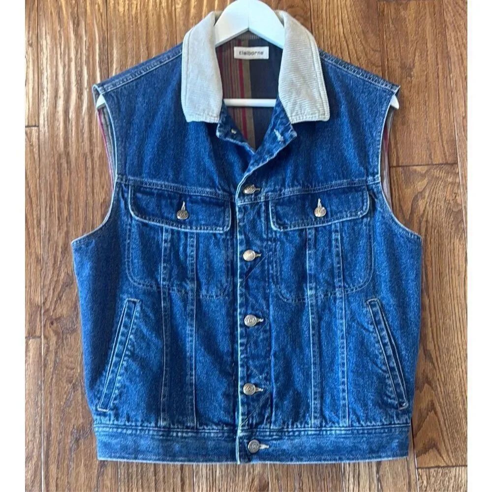 Claiborne Vintage denimโvest flannel lined with corduroy collar small - Picture 3 of 11